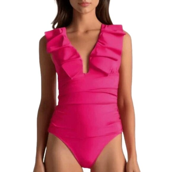 J. Crew Ruched Ruffle One Piece Swimsuit Women's 22 Radiant Fushcia V Neck Beach - Picture 2 of 9